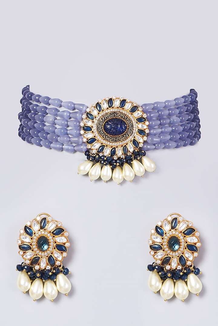 Gold Finish Kundan Polki & Purple Beaded Choker Necklace Set by VASTRAA Jewellery at Pernia's Pop Up Shop