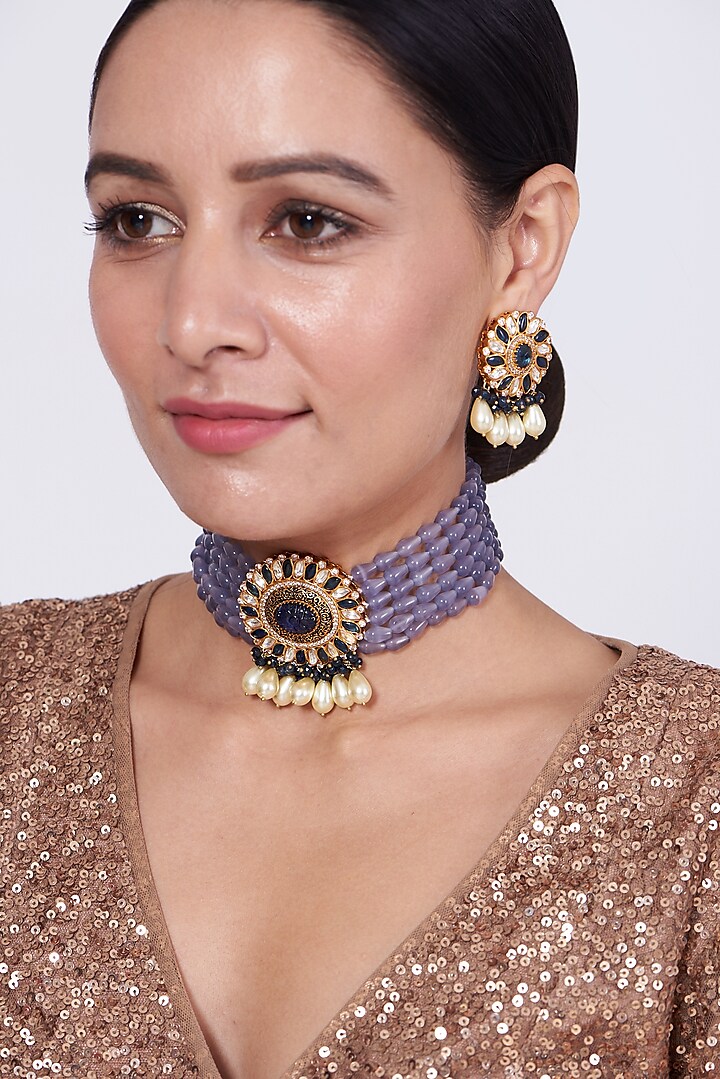 Gold Finish Kundan Polki & Purple Beaded Choker Necklace Set by VASTRAA Jewellery