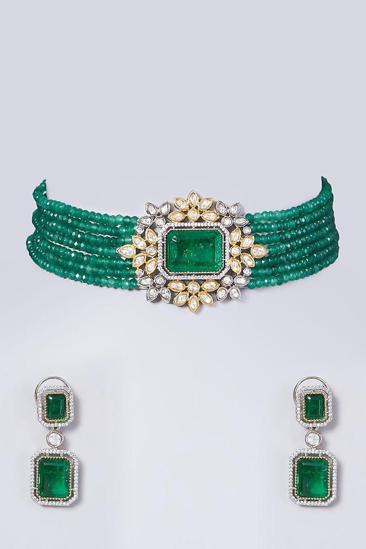 Two Tone Finish Kundan Polki & Green Beaded Choker Necklace Set by VASTRAA Jewellery at Pernia's Pop Up Shop