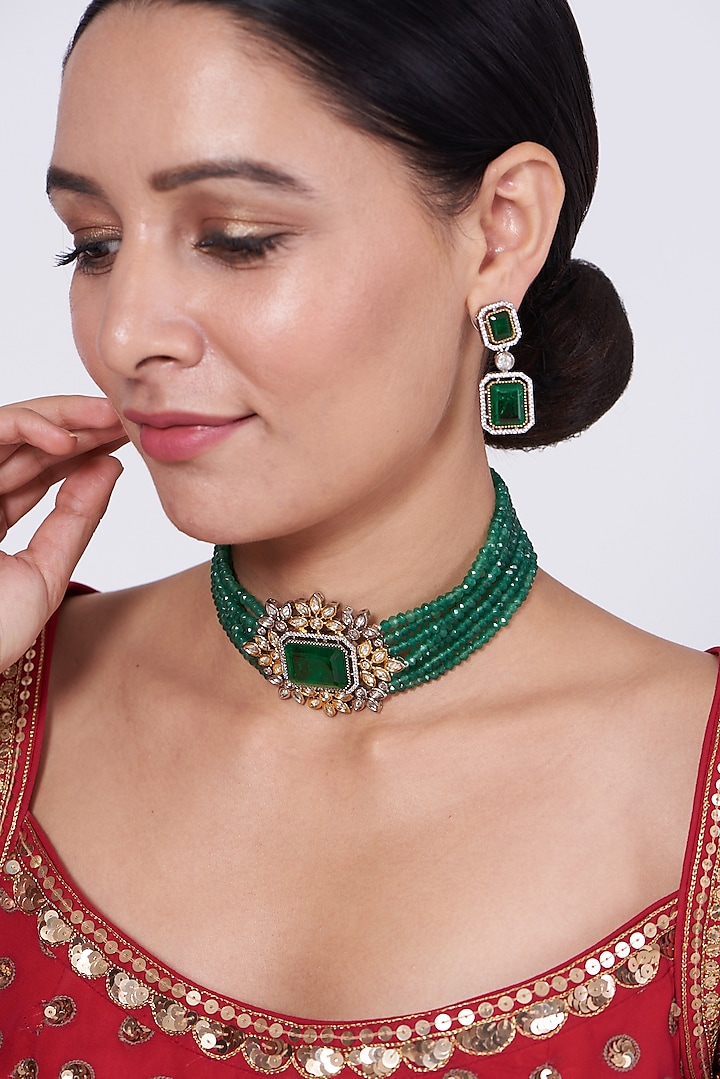 Two Tone Finish Kundan Polki & Green Beaded Choker Necklace Set by VASTRAA Jewellery