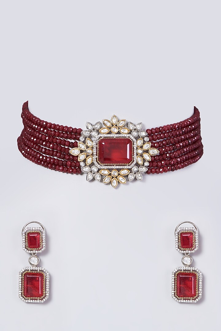 Two Tone Finish Kundan Polki & Red Beaded Choker Necklace Set by VASTRAA Jewellery at Pernia's Pop Up Shop