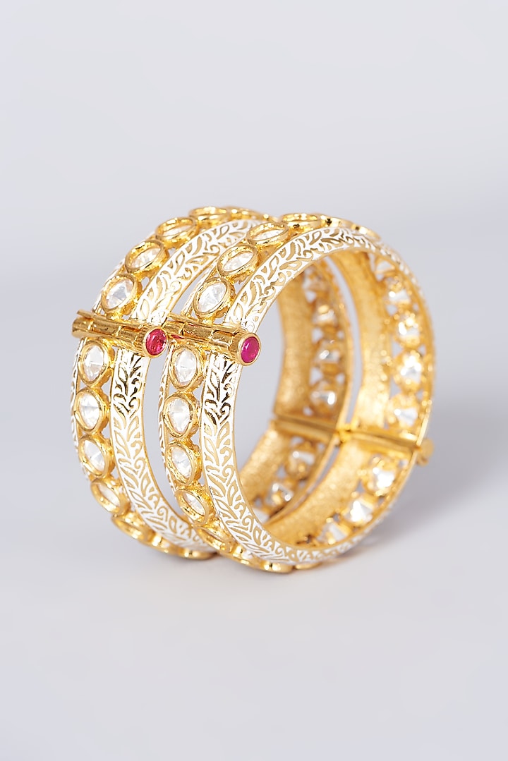 Gold Finish Kundan Polki Bangles (Set of 2) by VASTRAA Jewellery at Pernia's Pop Up Shop