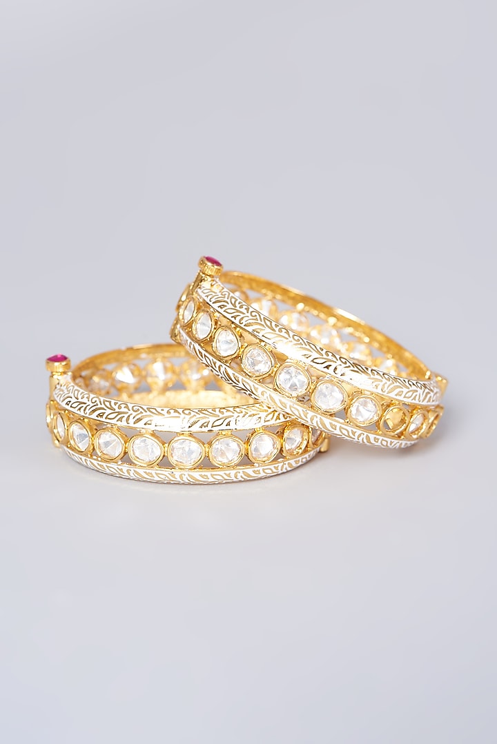Gold Finish Kundan Polki Bangles (Set of 2) by VASTRAA Jewellery at Pernia's Pop Up Shop