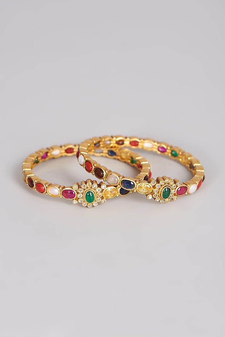 Gold Finish Kundan Polki & Synthetic Stone Bangles (Set of 2) by VASTRAA Jewellery at Pernia's Pop Up Shop