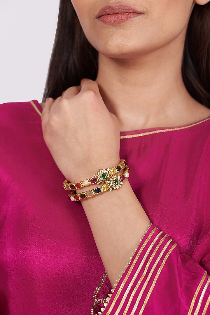 Gold Finish Kundan Polki & Synthetic Stone Bangles (Set of 2) by VASTRAA Jewellery at Pernia's Pop Up Shop