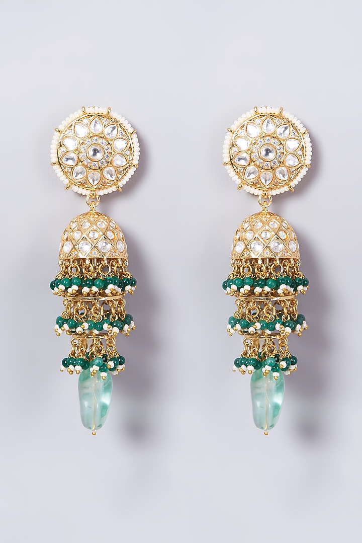 Gold Finish Kundan Polki & Green Beaded Dangler Earrings by VASTRAA Jewellery at Pernia's Pop Up Shop