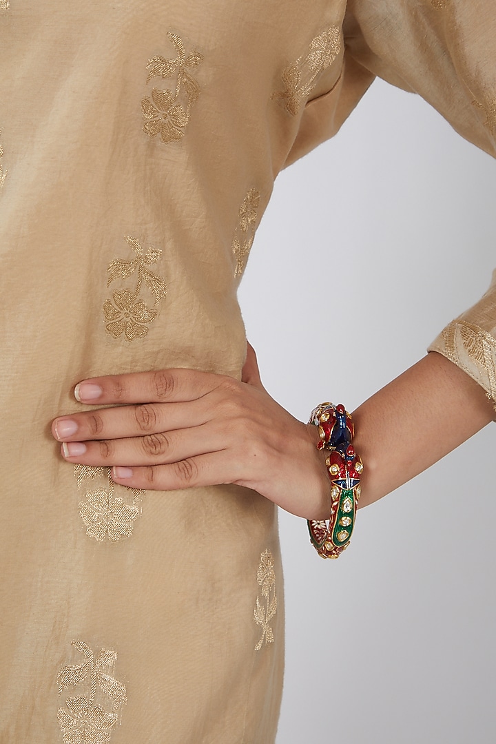 Gold Finish Kundan Polki & Synthetic Stone Bangles (Set of 2) by VASTRAA Jewellery at Pernia's Pop Up Shop