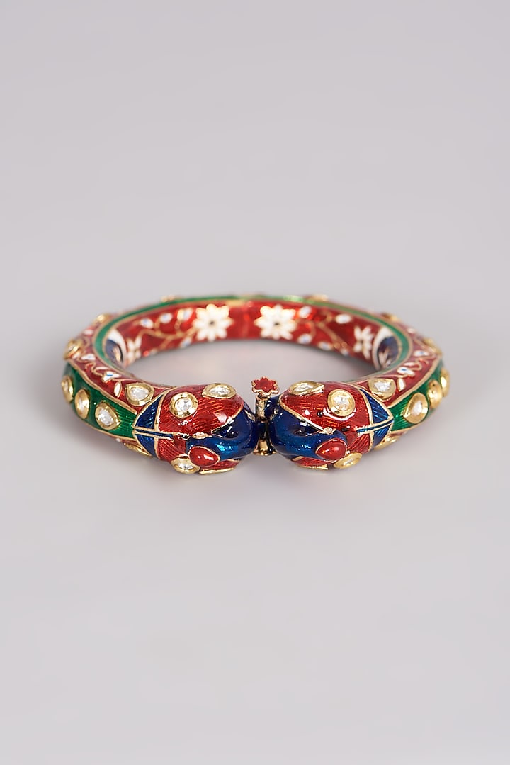Gold Finish Kundan Polki & Synthetic Stone Bangles (Set of 2) by VASTRAA Jewellery at Pernia's Pop Up Shop