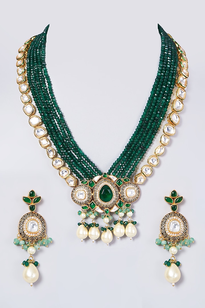 Gold Finish Kundan Polki & Green Beaded Long Necklace Set by VASTRAA Jewellery at Pernia's Pop Up Shop