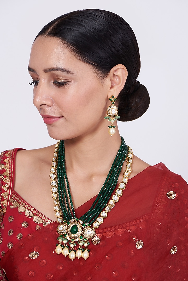 Gold Finish Kundan Polki & Green Beaded Long Necklace Set by VASTRAA Jewellery at Pernia's Pop Up Shop