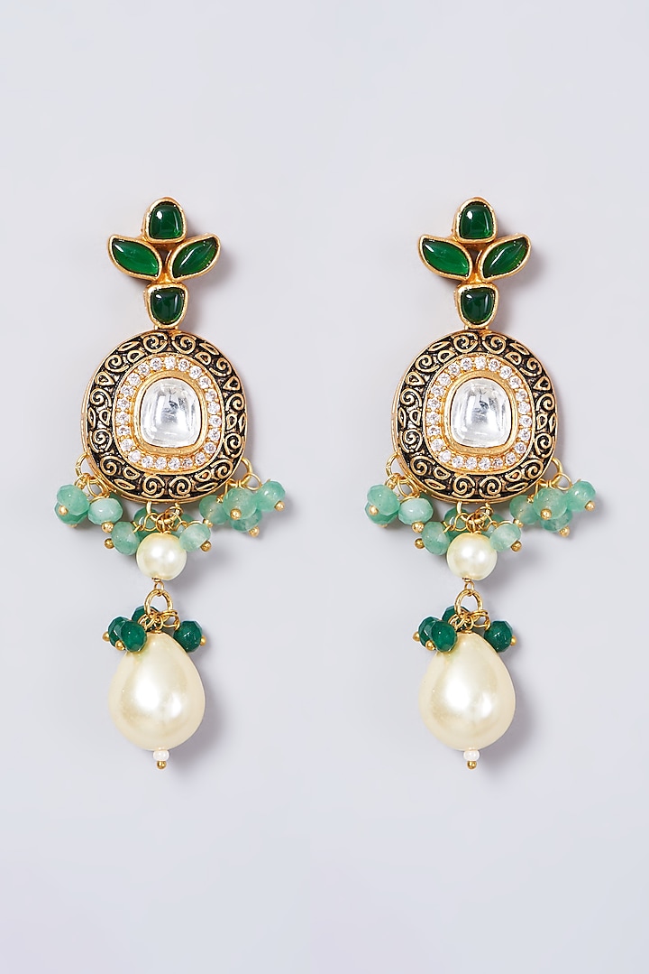 Gold Finish Kundan Polki & Green Beaded Long Necklace Set by VASTRAA Jewellery at Pernia's Pop Up Shop