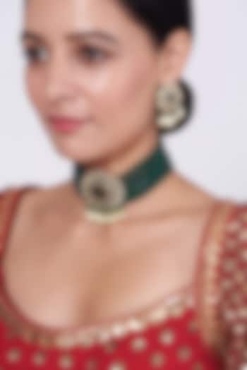 Gold Finish Kundan Polki & Green Beaded Choker Necklace Set by VASTRAA Jewellery