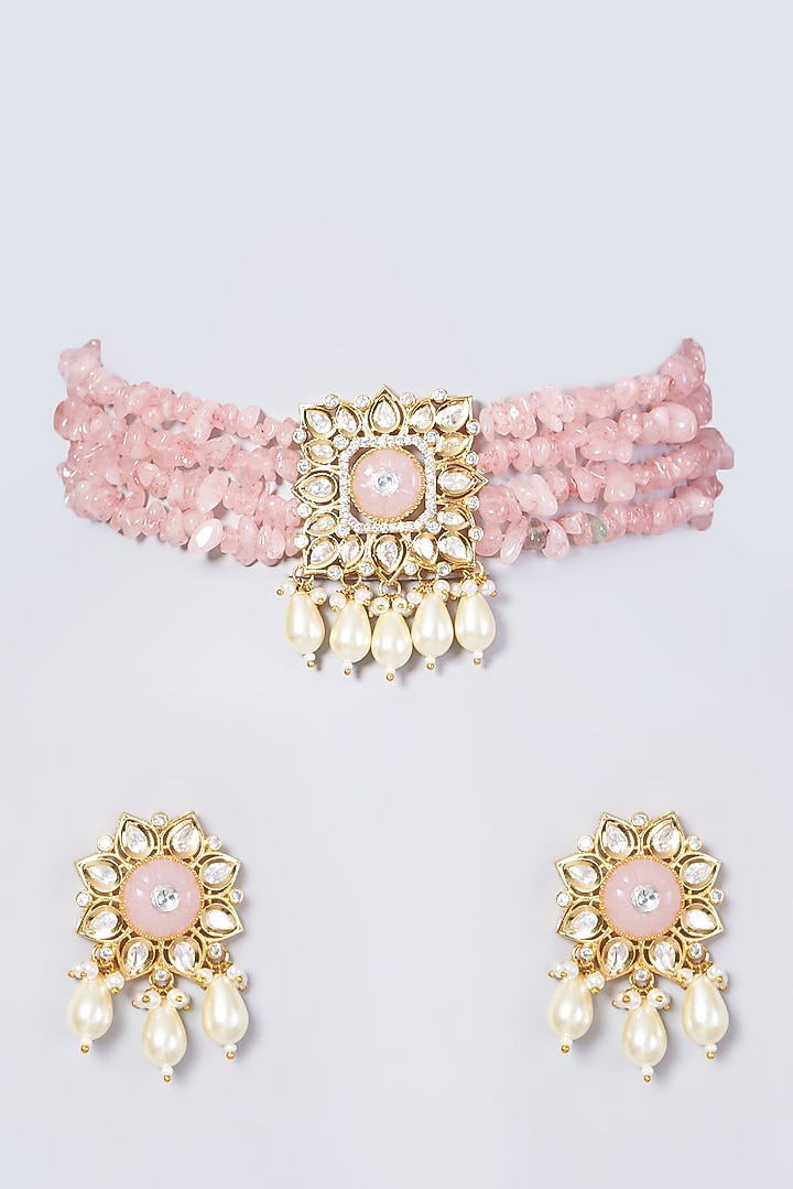 Gold Finish Kundan Polki & Pink Beaded Choker Necklace Set by VASTRAA Jewellery at Pernia's Pop Up Shop