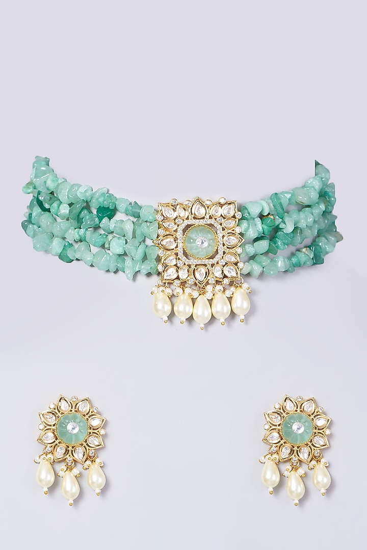Gold Finish Kundan Polki & Sea Green Beaded Choker Necklace Set by VASTRAA Jewellery at Pernia's Pop Up Shop