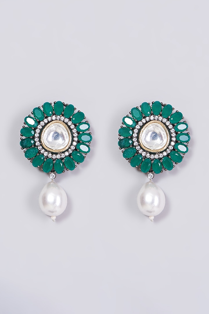 Two-Tone Finish Kundan Polki & Green Zircon Earrings by VASTRAA Jewellery at Pernia's Pop Up Shop