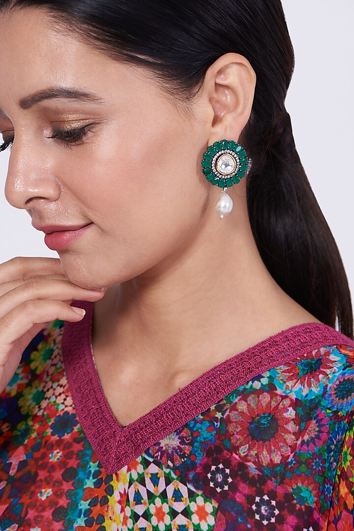 Two-Tone Finish Kundan Polki & Green Zircon Earrings by VASTRAA Jewellery at Pernia's Pop Up Shop