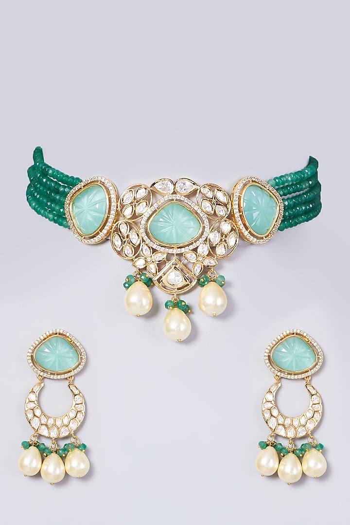 Gold Finish Kundan Polki & Sea Green Beaded Choker Necklace Set by VASTRAA Jewellery at Pernia's Pop Up Shop