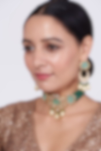 Gold Finish Kundan Polki & Sea Green Beaded Choker Necklace Set by VASTRAA Jewellery