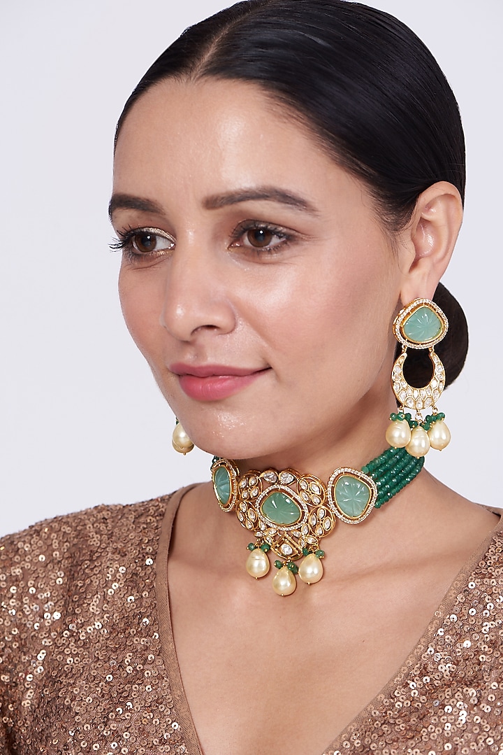 Gold Finish Kundan Polki & Sea Green Beaded Choker Necklace Set by VASTRAA Jewellery