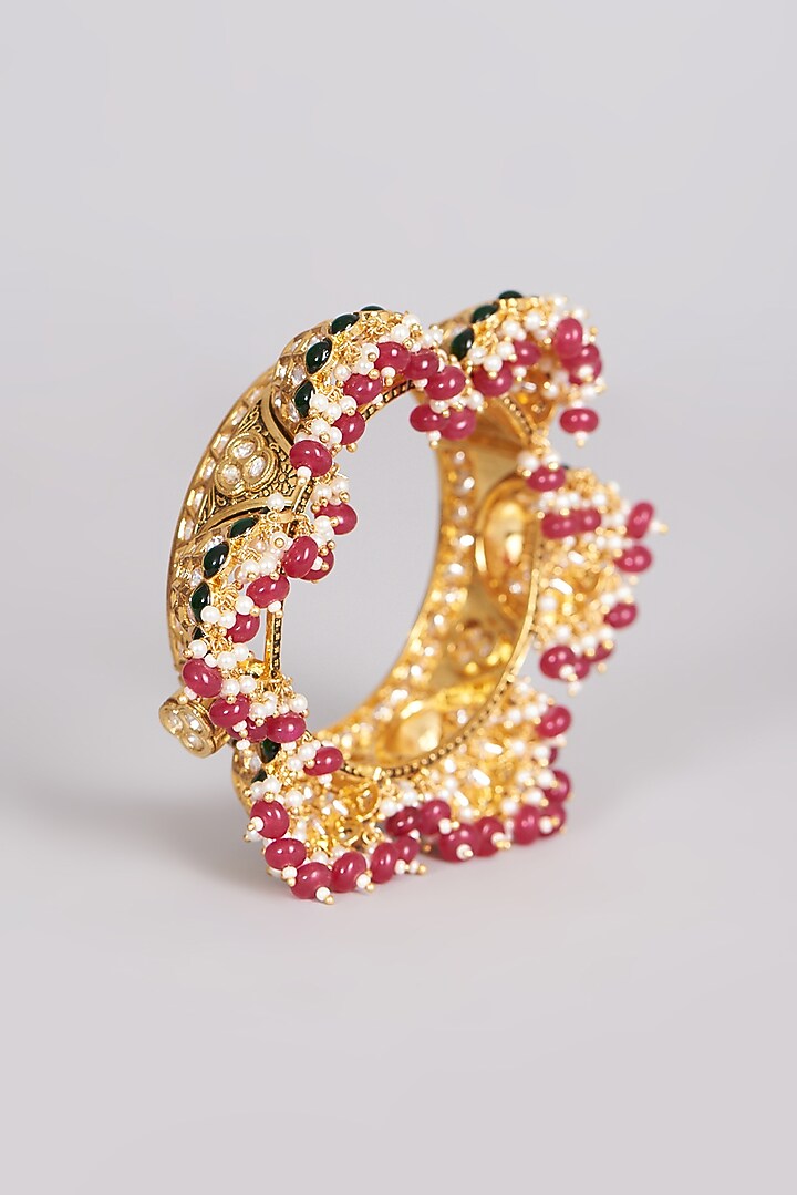 Gold Finish Kundan Polki Beaded Bangle by VASTRAA Jewellery at Pernia's Pop Up Shop