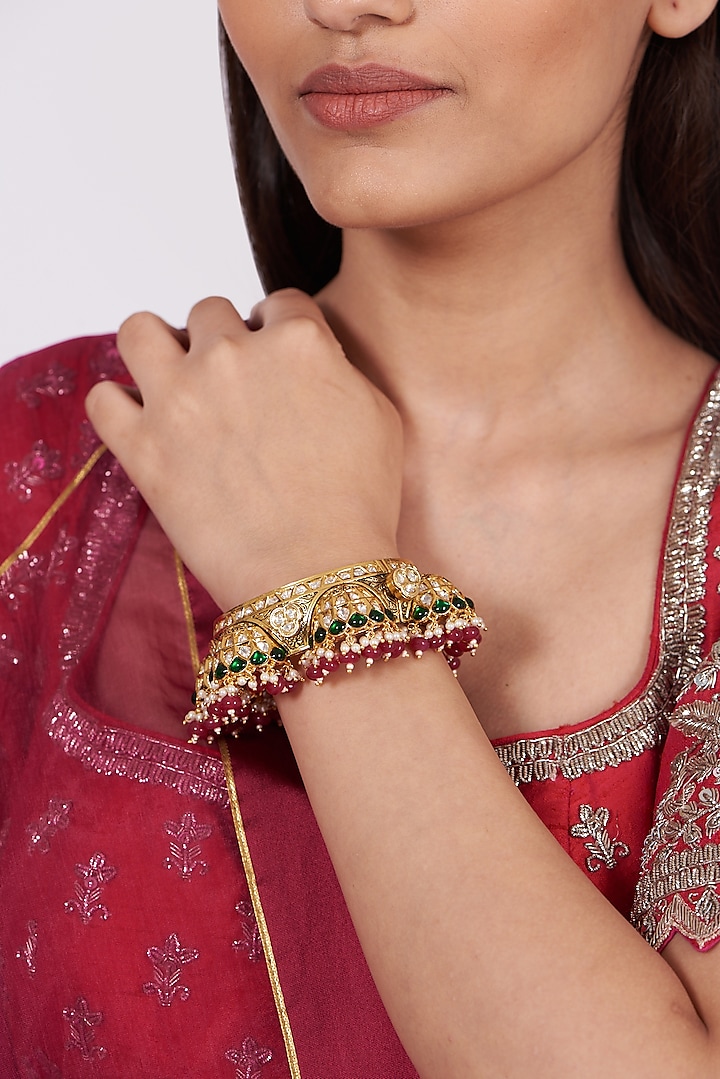 Gold Finish Kundan Polki Beaded Bangle by VASTRAA Jewellery