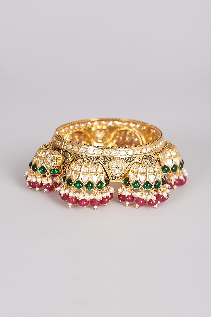 Gold Finish Kundan Polki Beaded Bangle by VASTRAA Jewellery at Pernia's Pop Up Shop
