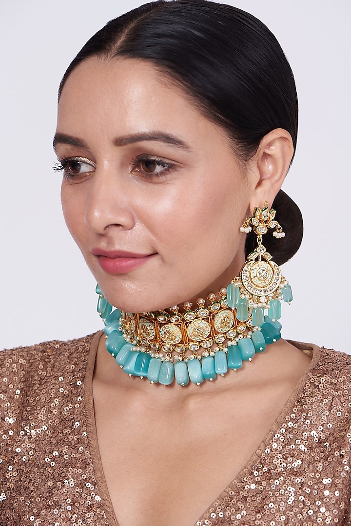 Gold Finish Kundan Polki & Aqua Blue Beaded Necklace Set by VASTRAA Jewellery