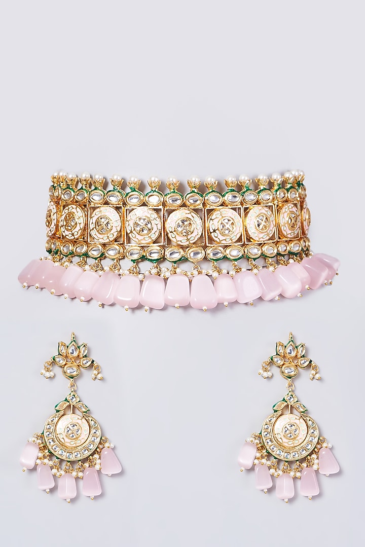 Gold Finish Kundan Polki & Pink Beaded Choker Necklace Set by VASTRAA Jewellery at Pernia's Pop Up Shop