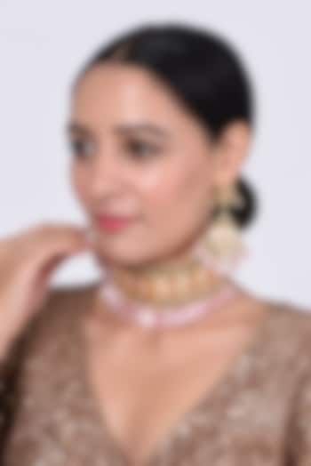 Gold Finish Kundan Polki & Pink Beaded Choker Necklace Set by VASTRAA Jewellery at Pernia's Pop Up Shop