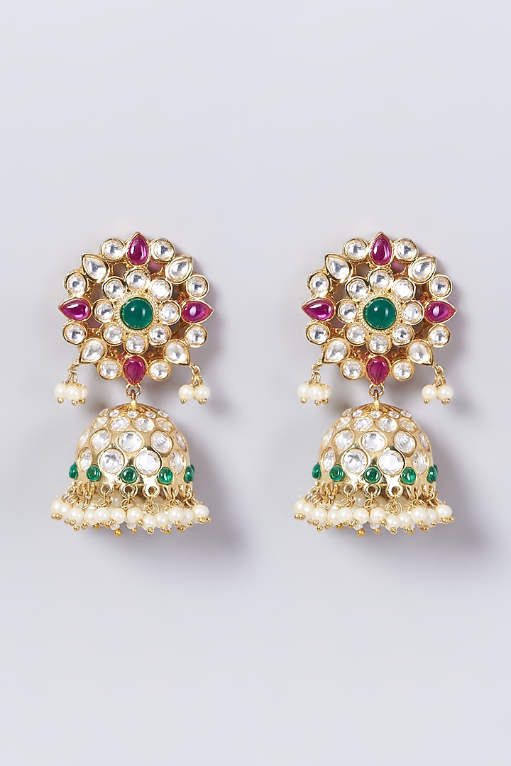 Gold Finish Kundan Polki & Pearl Jhumka Earrings by VASTRAA Jewellery at Pernia's Pop Up Shop