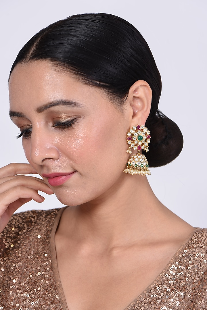 Gold Finish Kundan Polki & Pearl Jhumka Earrings by VASTRAA Jewellery at Pernia's Pop Up Shop