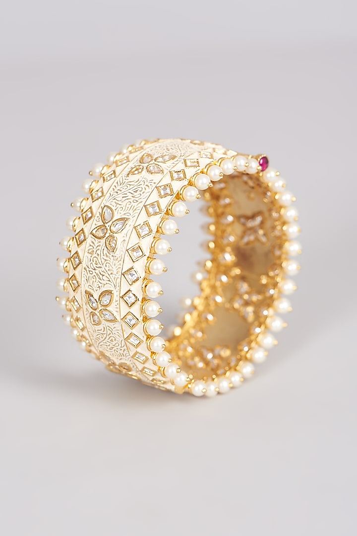 Gold Finish Kundan Polki & Pearl Bangle by VASTRAA Jewellery at Pernia's Pop Up Shop