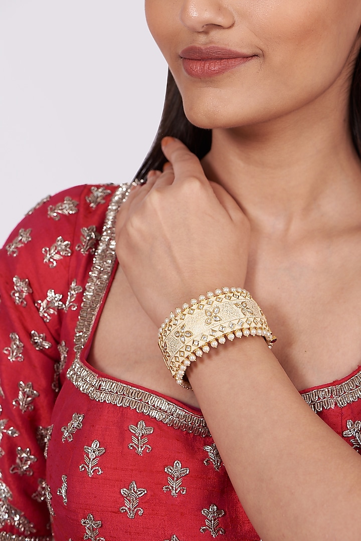 Gold Finish Kundan Polki & Pearl Bangle by VASTRAA Jewellery
