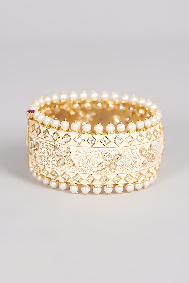 Gold Finish Kundan Polki & Pearl Bangle by VASTRAA Jewellery at Pernia's Pop Up Shop