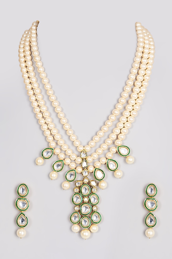 Gold Finish Pearl And Kundan Polki Necklace Set Design By Vastraa