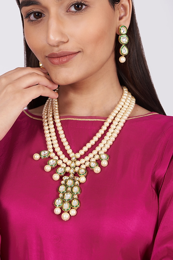 Gold Finish Pearl & Kundan Polki Necklace Set by VASTRAA Jewellery