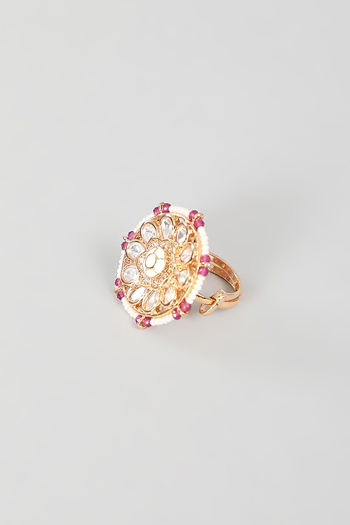 Gold Finish Kundan Polki & Red Stone Ring by VASTRAA Jewellery at Pernia's Pop Up Shop