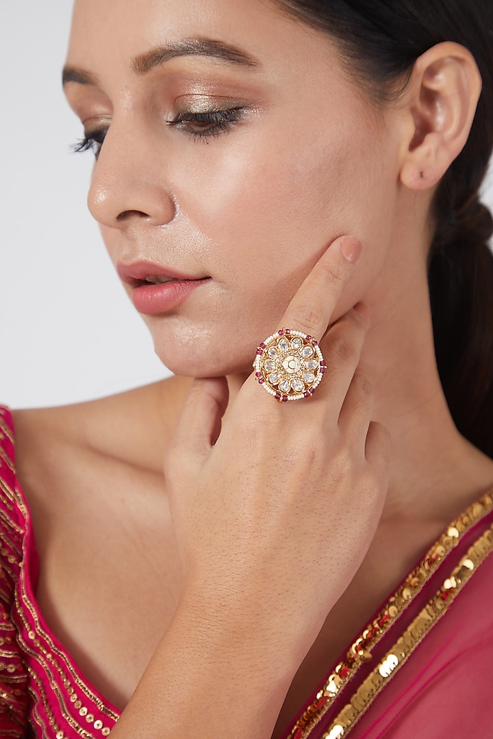 Gold Finish Kundan Polki & Red Stone Ring by VASTRAA Jewellery at Pernia's Pop Up Shop