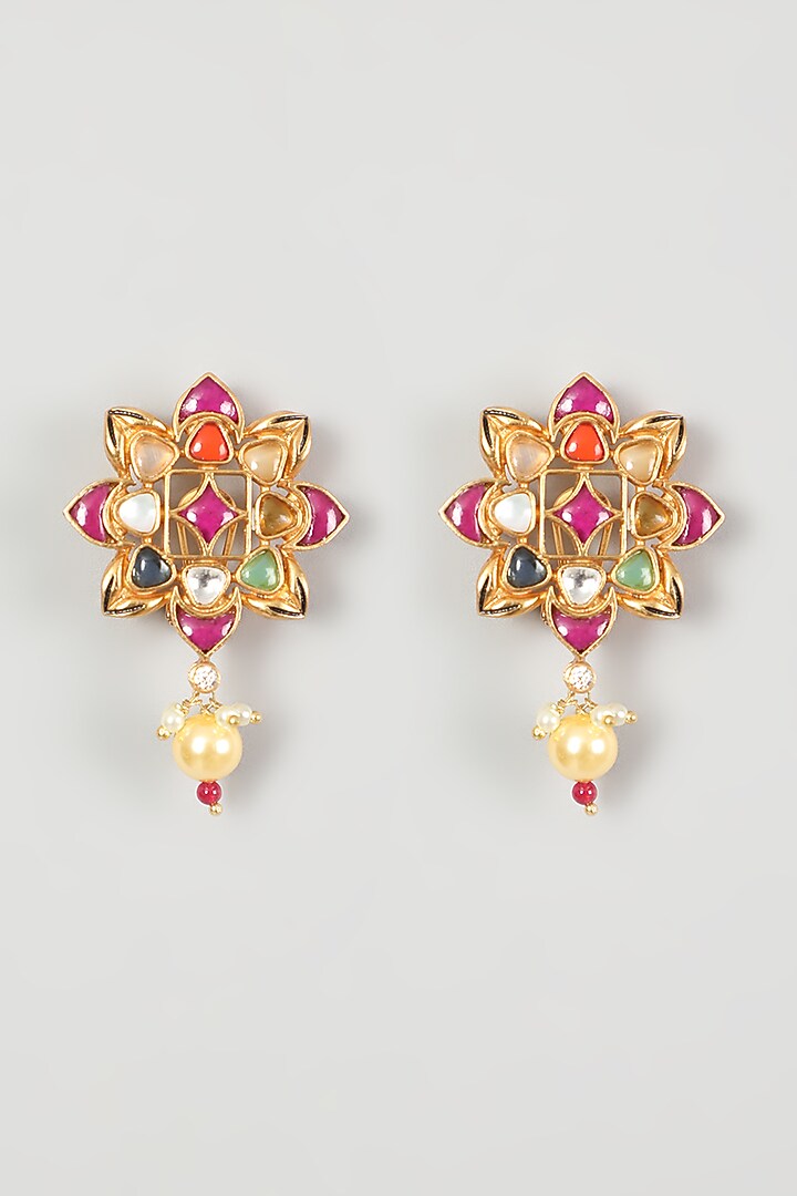 Gold FInish Kundan Polki & Pearl Earrings by VASTRAA Jewellery at Pernia's Pop Up Shop
