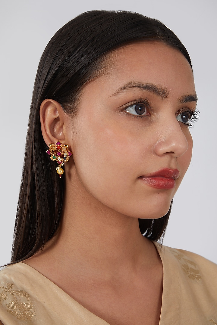 Gold FInish Kundan Polki & Pearl Earrings by VASTRAA Jewellery
