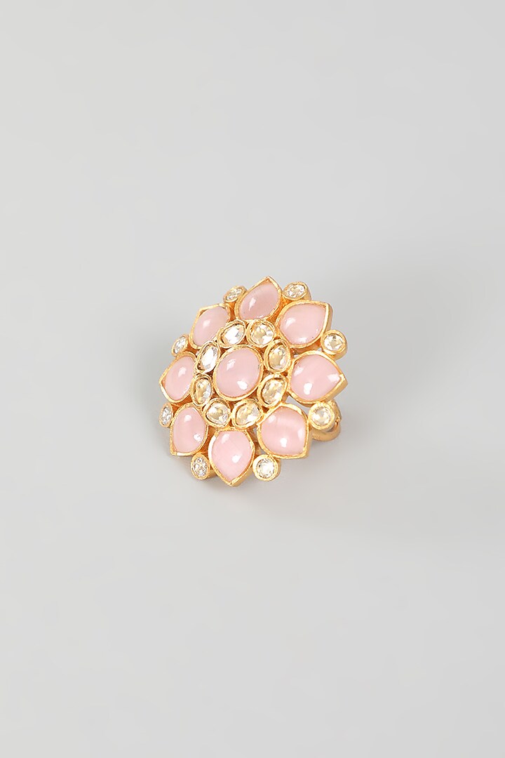 Gold Finish Kundan Polki & Blush Pink Stone Ring by VASTRAA Jewellery at Pernia's Pop Up Shop