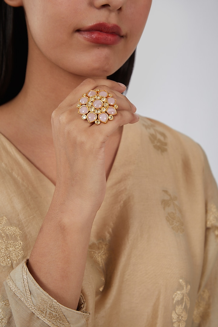 Gold Finish Kundan Polki & Blush Pink Stone Ring by VASTRAA Jewellery