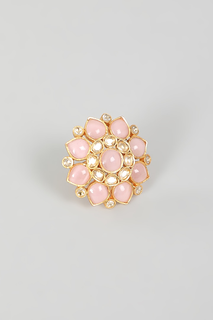 Gold Finish Kundan Polki & Blush Pink Stone Ring by VASTRAA Jewellery at Pernia's Pop Up Shop