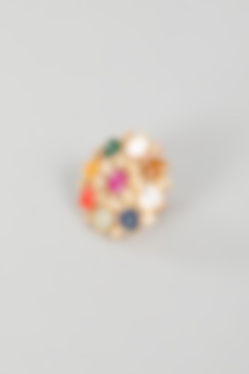 Gold Finish Kundan Polki Ring With Navratna Stone by VASTRAA Jewellery