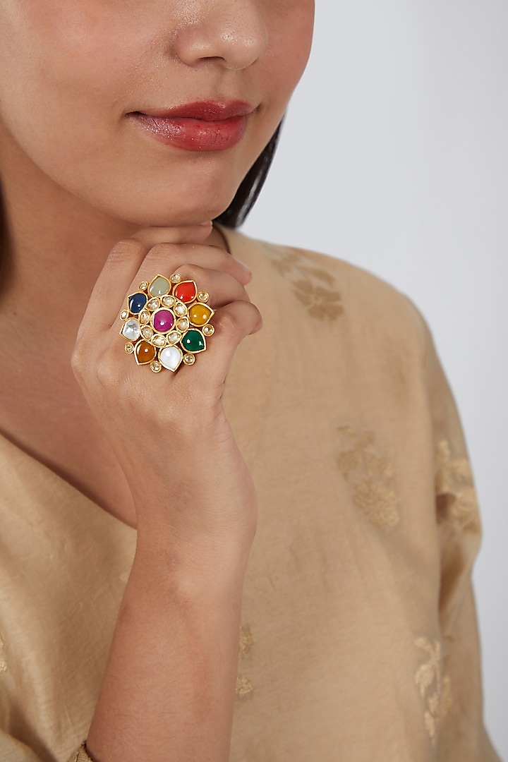 Gold Finish Kundan Polki & Navratna Stone Ring by VASTRAA Jewellery