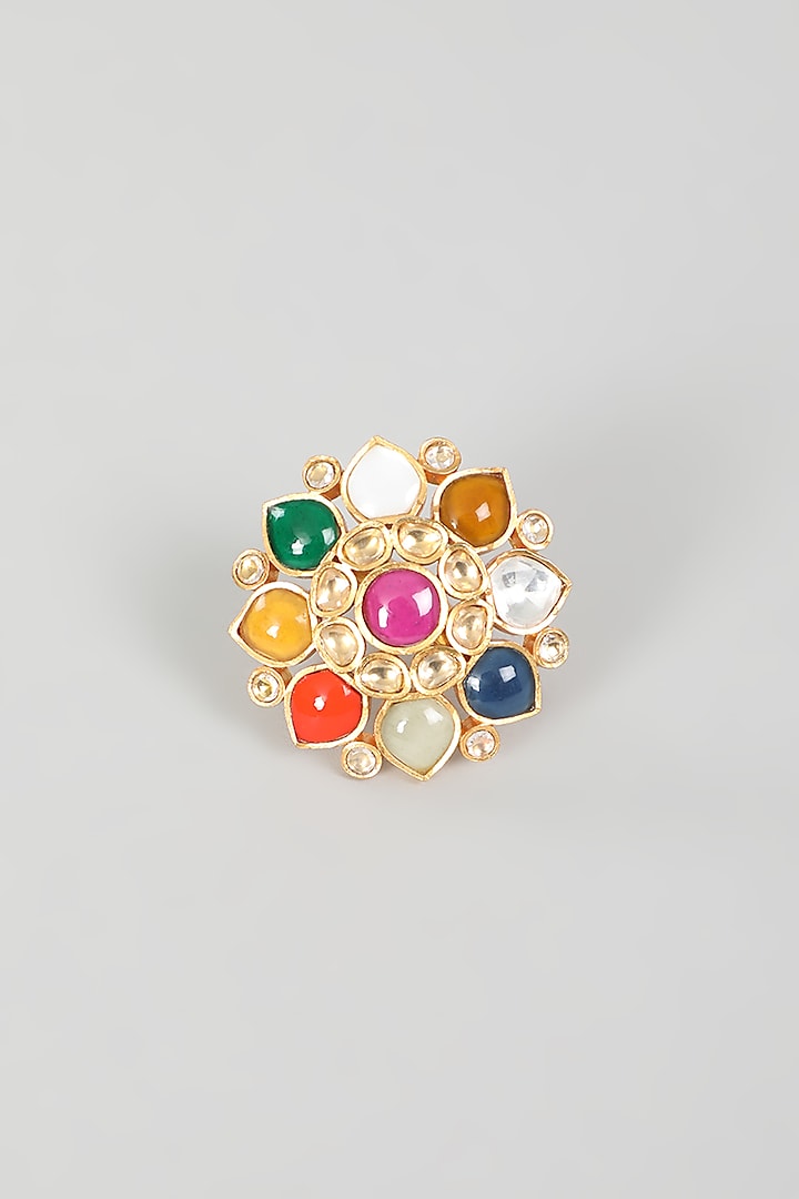 Gold Finish Kundan Polki & Navratna Stone Ring by VASTRAA Jewellery at Pernia's Pop Up Shop