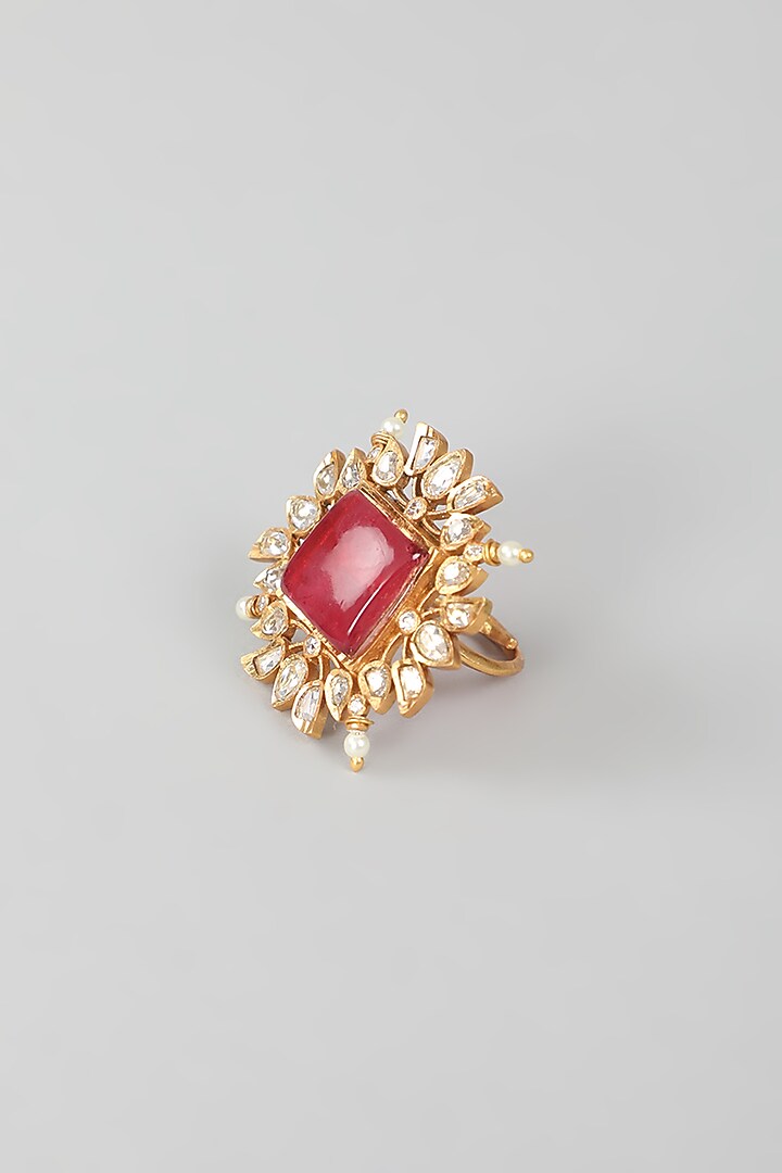 Gold Finish Kundan Polki & Red Stone Ring by VASTRAA Jewellery at Pernia's Pop Up Shop