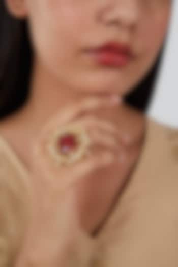 Gold Finish Kundan Polki & Red Stone Ring by VASTRAA Jewellery