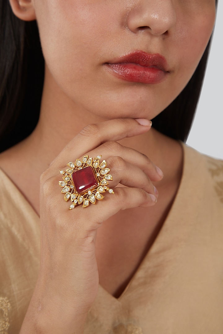 Gold Finish Kundan Polki & Red Stone Ring by VASTRAA Jewellery
