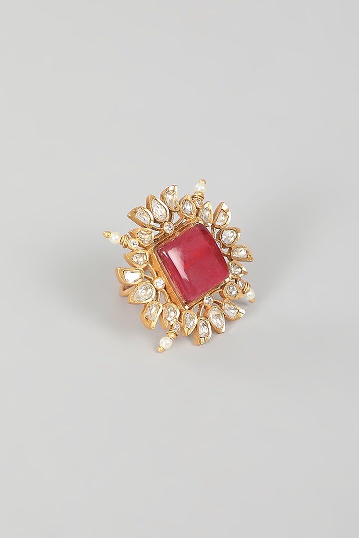 Gold Finish Kundan Polki & Red Stone Ring by VASTRAA Jewellery at Pernia's Pop Up Shop